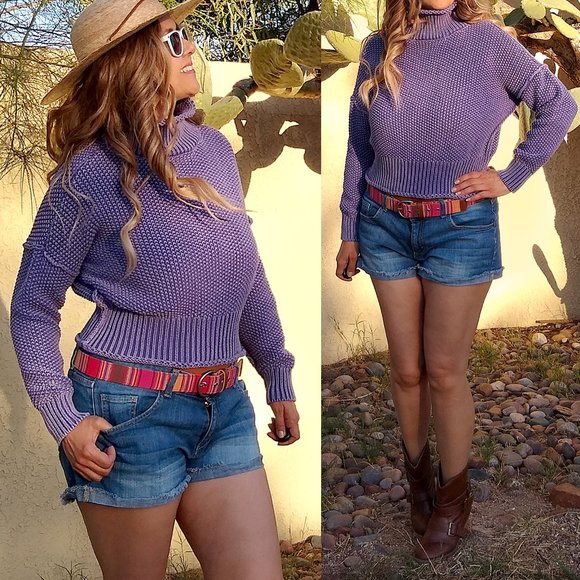 Cropped Chunky Drop Shoulder Purple Turtleneck Sweater TRIBAL JEANS  L - Picture 1 of 12